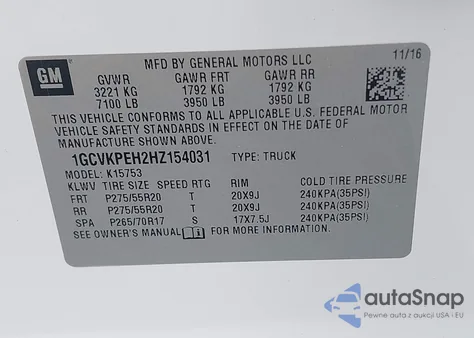 2017 Chevrolet Silverado 1500 Custom from USA, damaged, VIN 1GCVKPEH2HZ154031